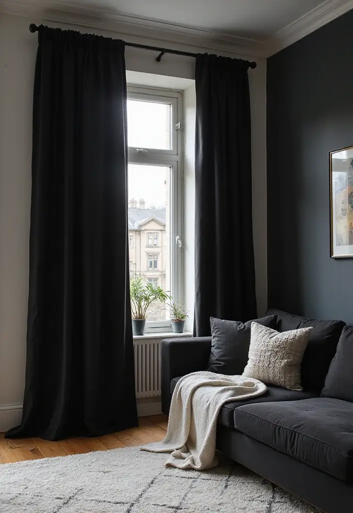 27 Black Living Room Decor Ideas That Balance Elegance and Bold Design - 11. Black Curtains for Drama