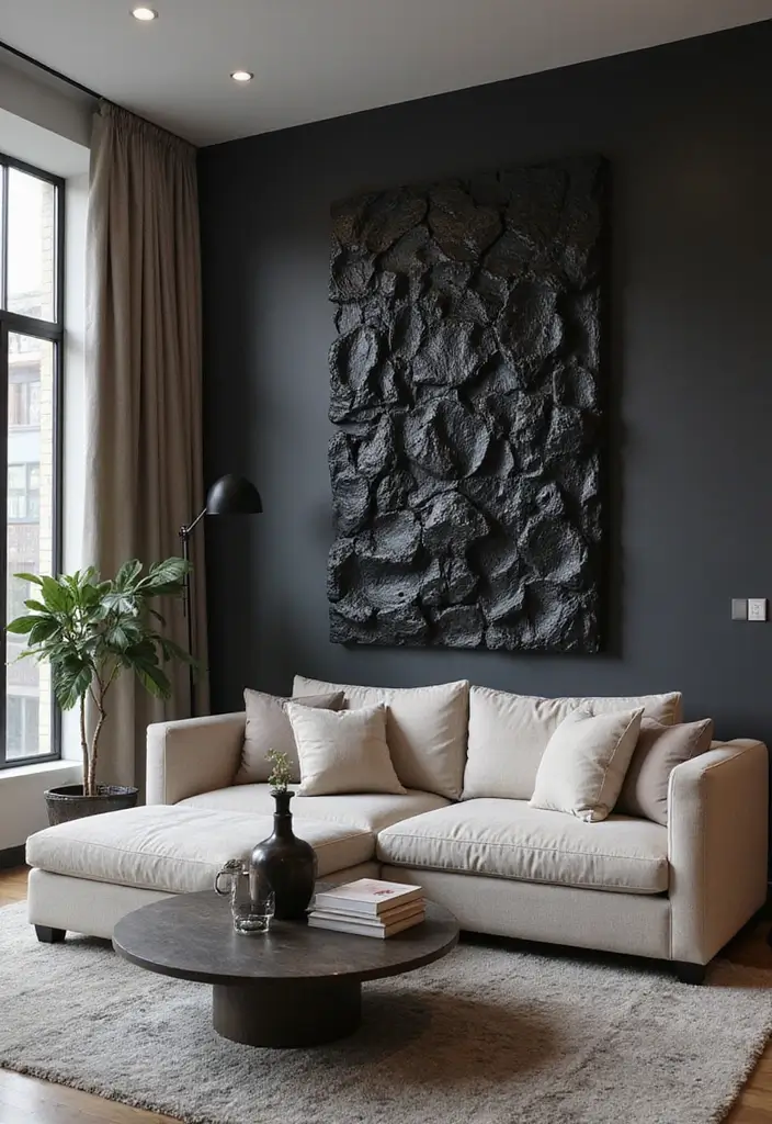 27 Black Living Room Decor Ideas That Balance Elegance and Bold Design - 15. Black Wall Art with Texture