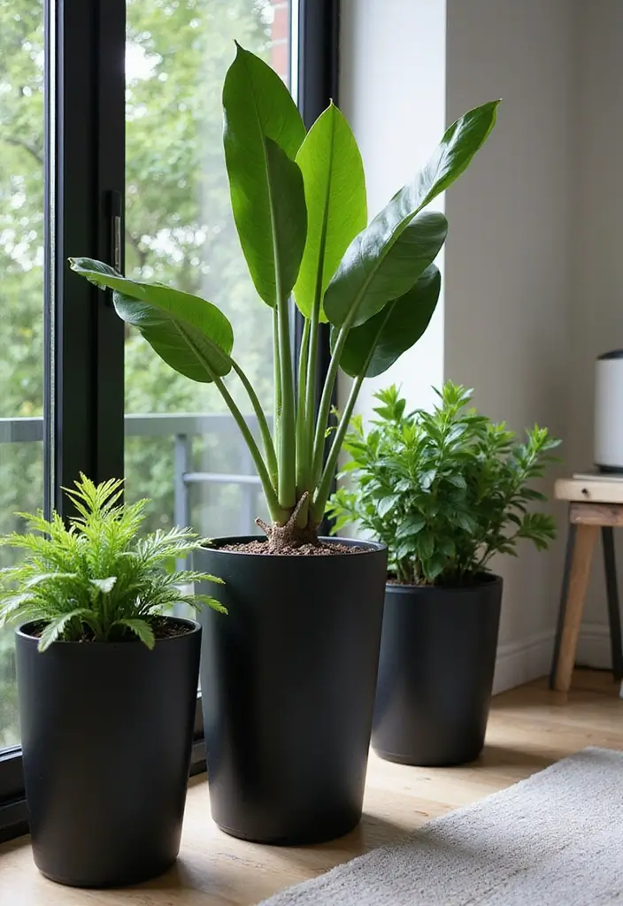 27 Black Living Room Decor Ideas That Balance Elegance and Bold Design - 18. Black Plant Pots