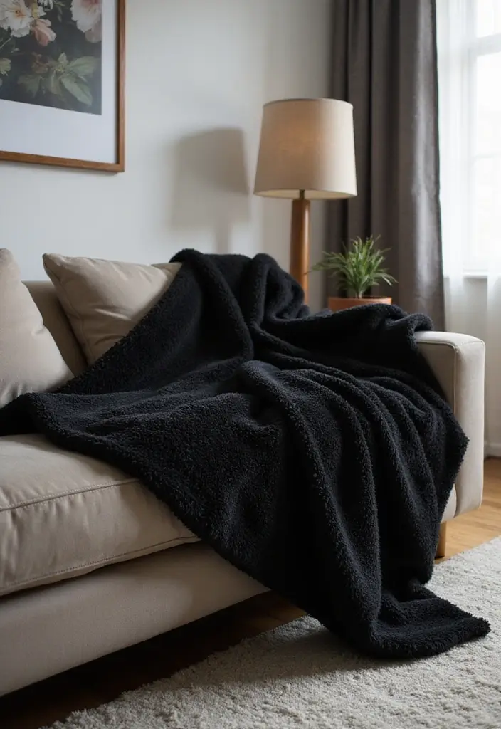 27 Black Living Room Decor Ideas That Balance Elegance and Bold Design - 19. Black Throw Blankets