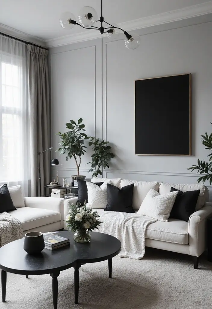 27 Black Living Room Decor Ideas That Balance Elegance and Bold Design - 20. Monochrome Black and White Decor
