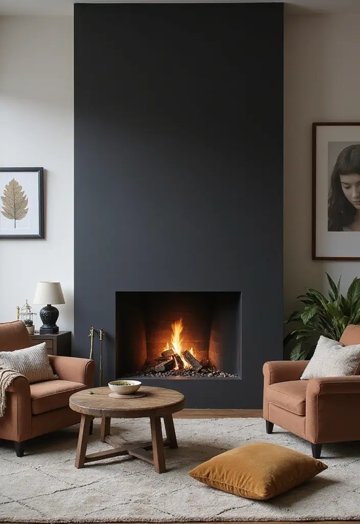 27 Black Living Room Decor Ideas That Balance Elegance and Bold Design - 21. Black Fireplace as Focal Point