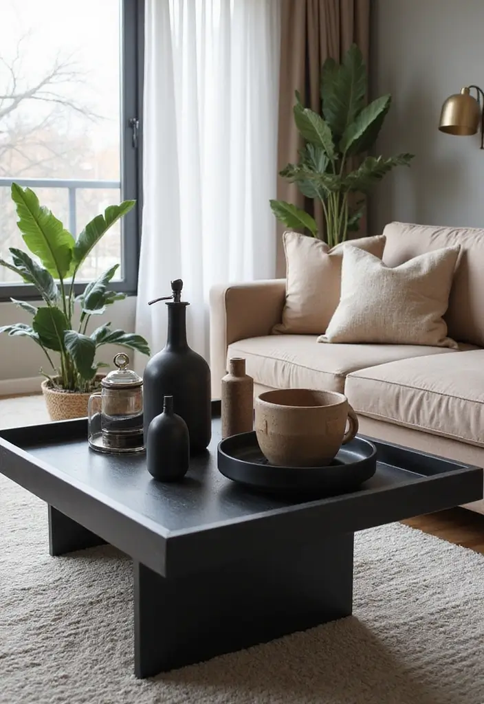 27 Black Living Room Decor Ideas That Balance Elegance and Bold Design - 23. Black Decorative Trays
