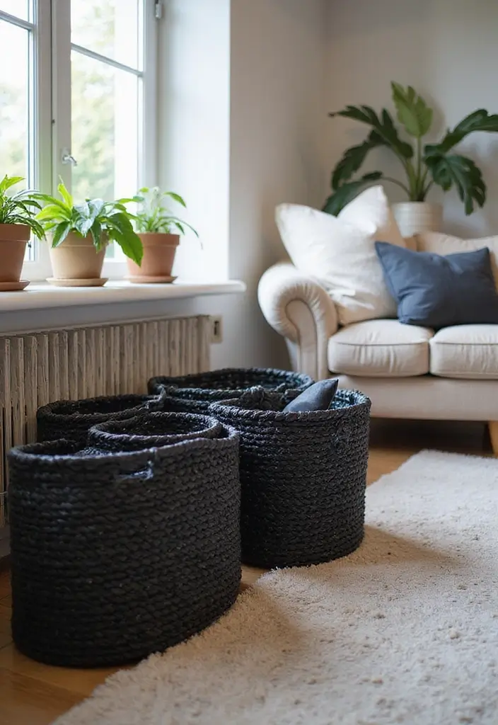 27 Black Living Room Decor Ideas That Balance Elegance and Bold Design - 24. Black Woven Baskets