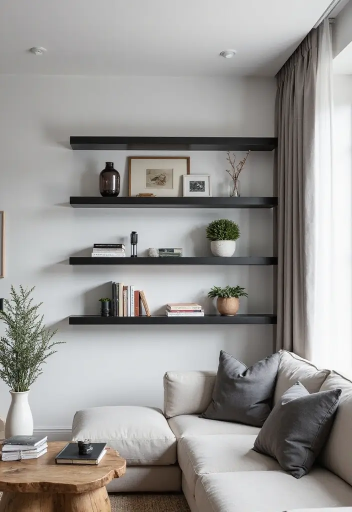 27 Black Living Room Decor Ideas That Balance Elegance and Bold Design - 9. Minimalistic Black Shelves