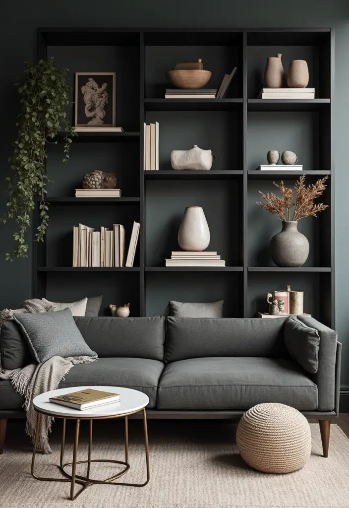 27 Black Living Room Ideas That Feel Bold, Modern, and Luxurious - 10. Chic Black Shelving