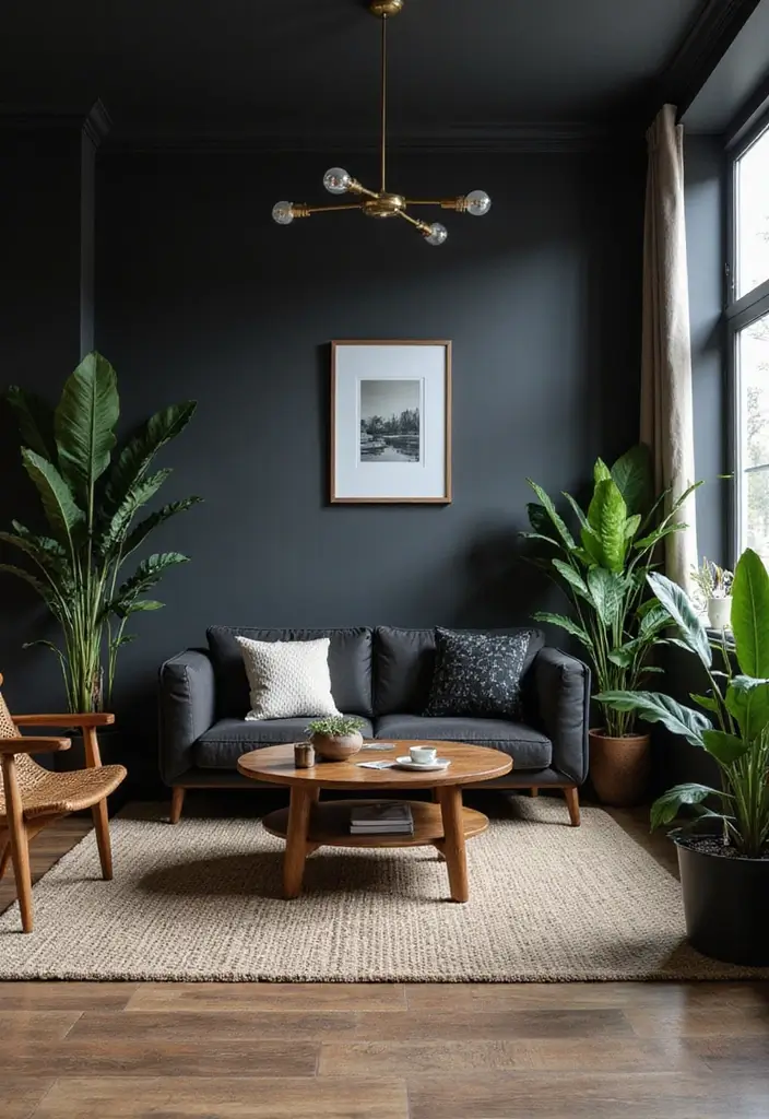 27 Black Living Room Ideas That Feel Bold, Modern, and Luxurious - 15. Mixing Black with Natural Elements