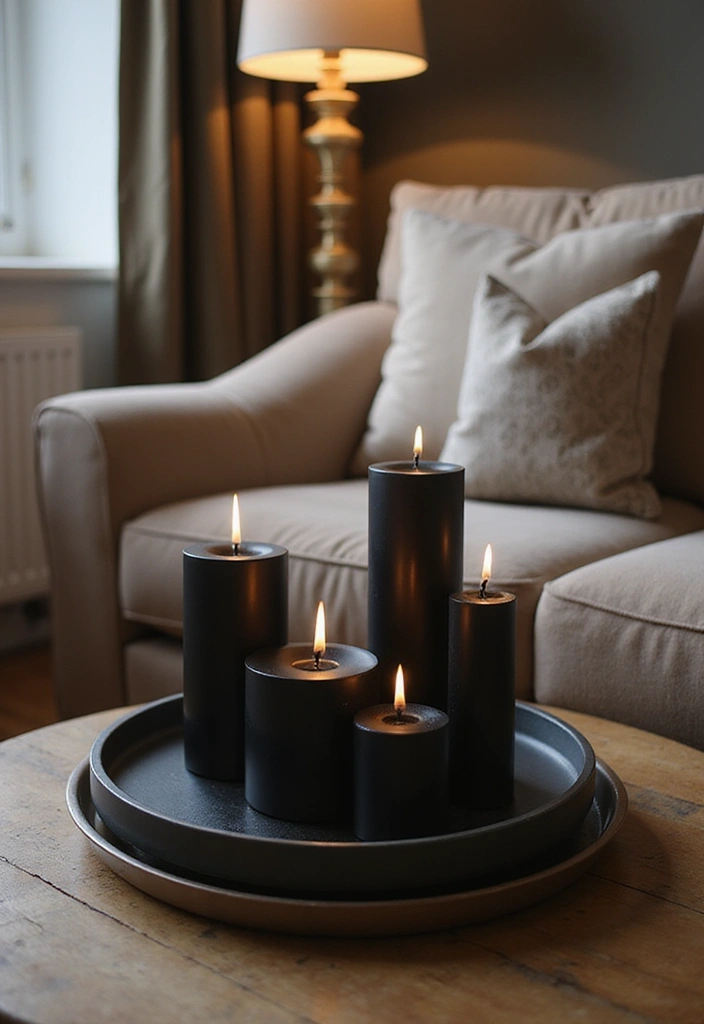 27 Black Living Room Ideas That Feel Bold, Modern, and Luxurious - 21. Artistic Black Pillar Candles
