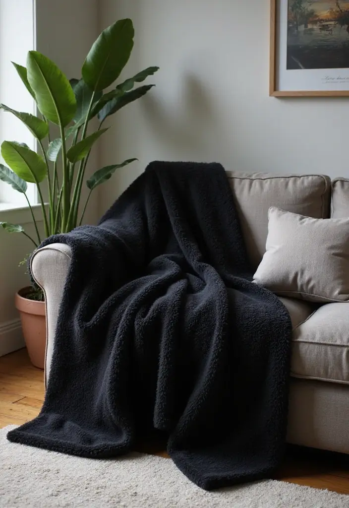 27 Black Living Room Ideas That Feel Bold, Modern, and Luxurious - 24. Luxurious Black Throw Blankets