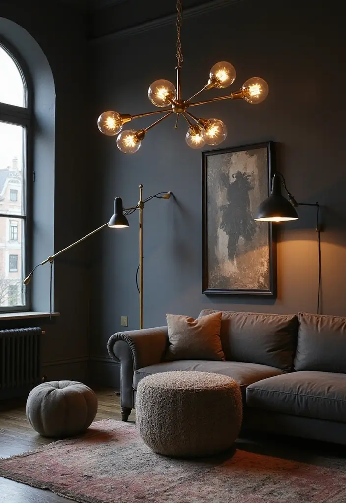 27 Black Living Room Ideas That Feel Bold, Modern, and Luxurious - 6. Artistic Black Lighting Fixtures