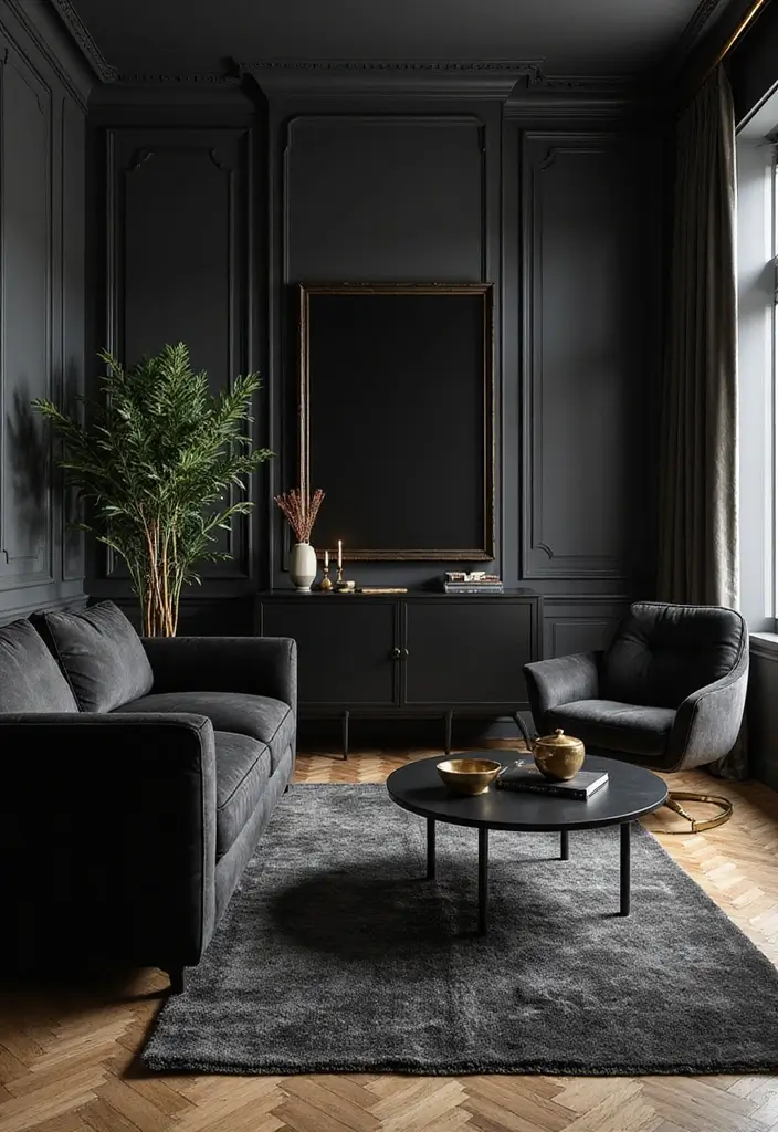27 Black Living Room Ideas That Feel Bold, Modern, and Luxurious - 7. Black Furniture with Gold Accents