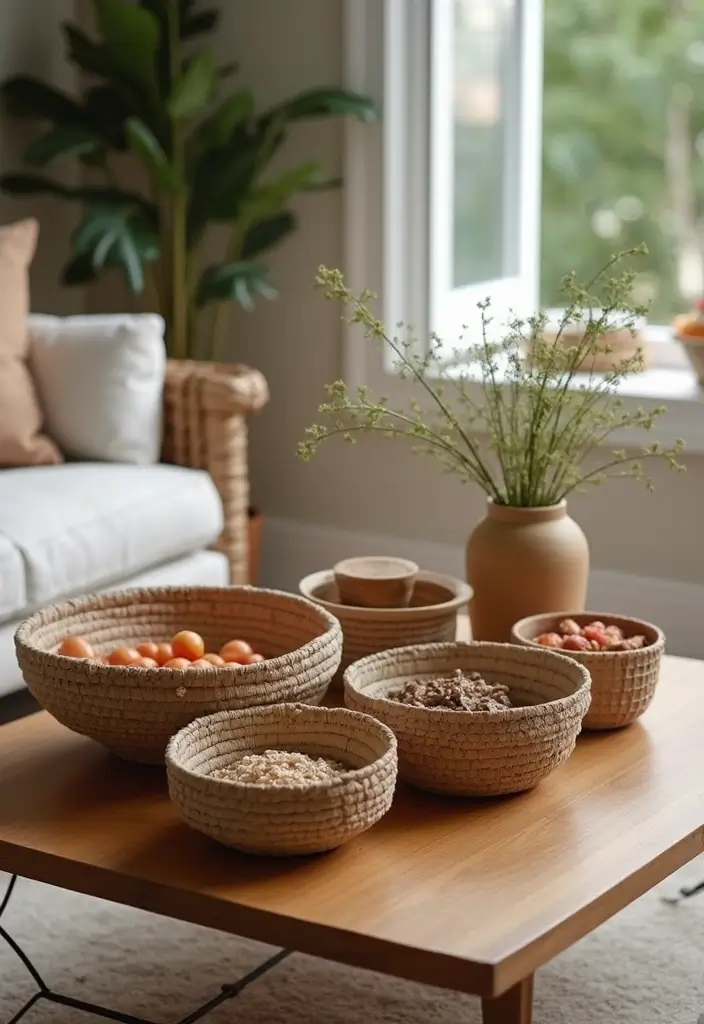 27 Coffee Table Decor Living Room Ideas for Stylish Centerpieces 20 27 Coffee Table Decor Living Room Ideas for Stylish Centerpieces - 20. Textured Bowls and Baskets