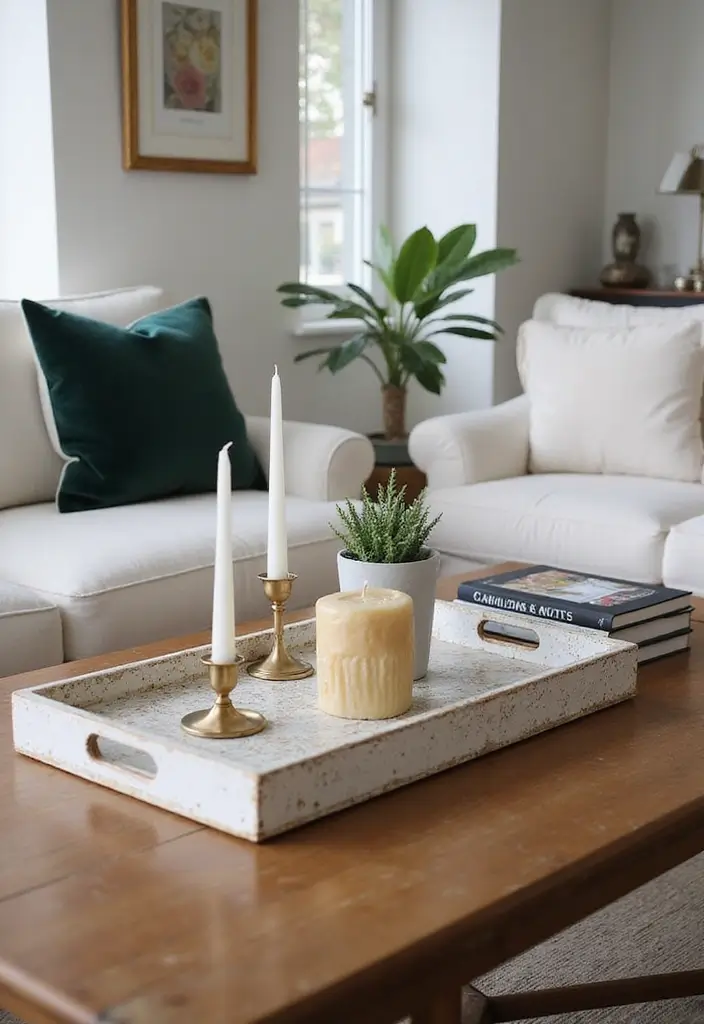 27 Coffee Table Decor Living Room Ideas for Stylish Centerpieces 3 27 Coffee Table Decor Living Room Ideas for Stylish Centerpieces - 3. Chic Decorative Tray