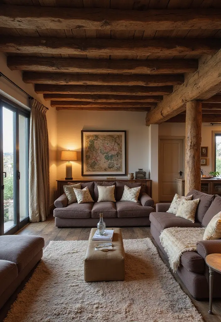 27 Cozy Brown Living Room Ideas That Bring Warmth and Timeless Elegance 1 27 Cozy Brown Living Room Ideas That Bring Warmth and Timeless Elegance - 1. Rustic Charm with Brown Beams