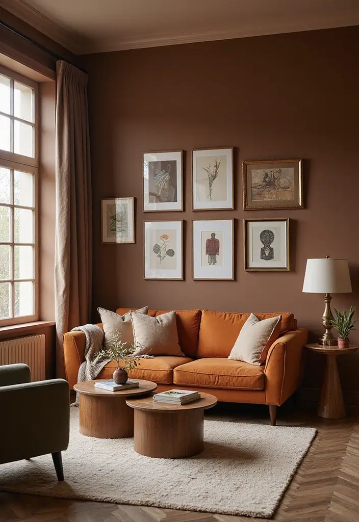 27 Cozy Brown Living Room Ideas That Bring Warmth and Timeless Elegance 16 27 Cozy Brown Living Room Ideas That Bring Warmth and Timeless Elegance - 16. Brown Walls with Contemporary Art