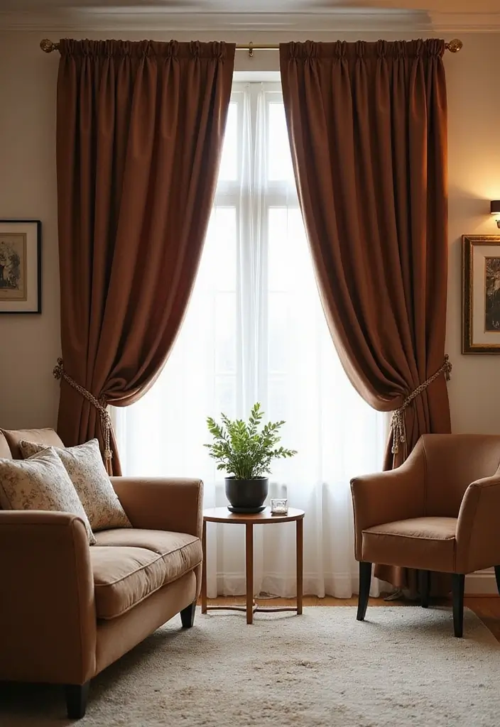 27 Cozy Brown Living Room Ideas That Bring Warmth and Timeless Elegance 18 27 Cozy Brown Living Room Ideas That Bring Warmth and Timeless Elegance - 18. Stylish Brown Curtains