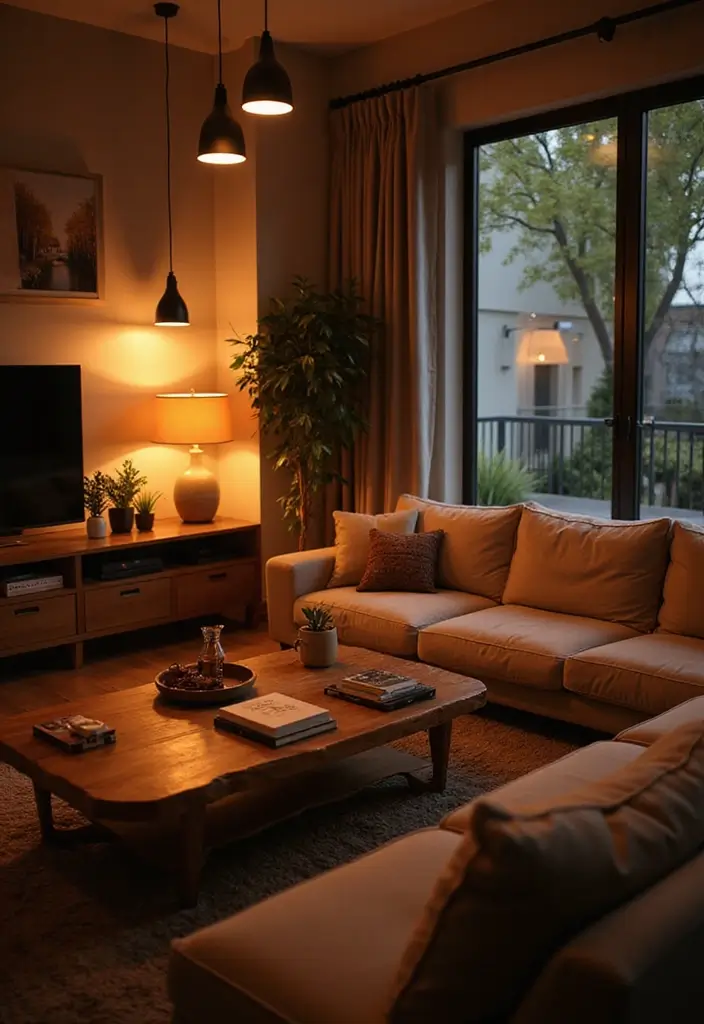 27 Cozy Brown Living Room Ideas That Bring Warmth and Timeless Elegance 21 27 Cozy Brown Living Room Ideas That Bring Warmth and Timeless Elegance - 21. Innovative Lighting Solutions