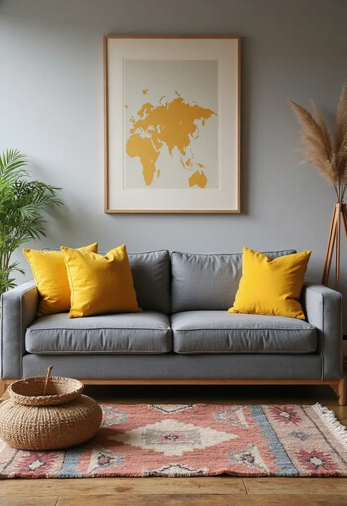 27 Grey and Yellow Living Room Ideas That Feel Fresh and Energetic - 1. Cozy Grey Sofa with Bold Yellow Pillows
