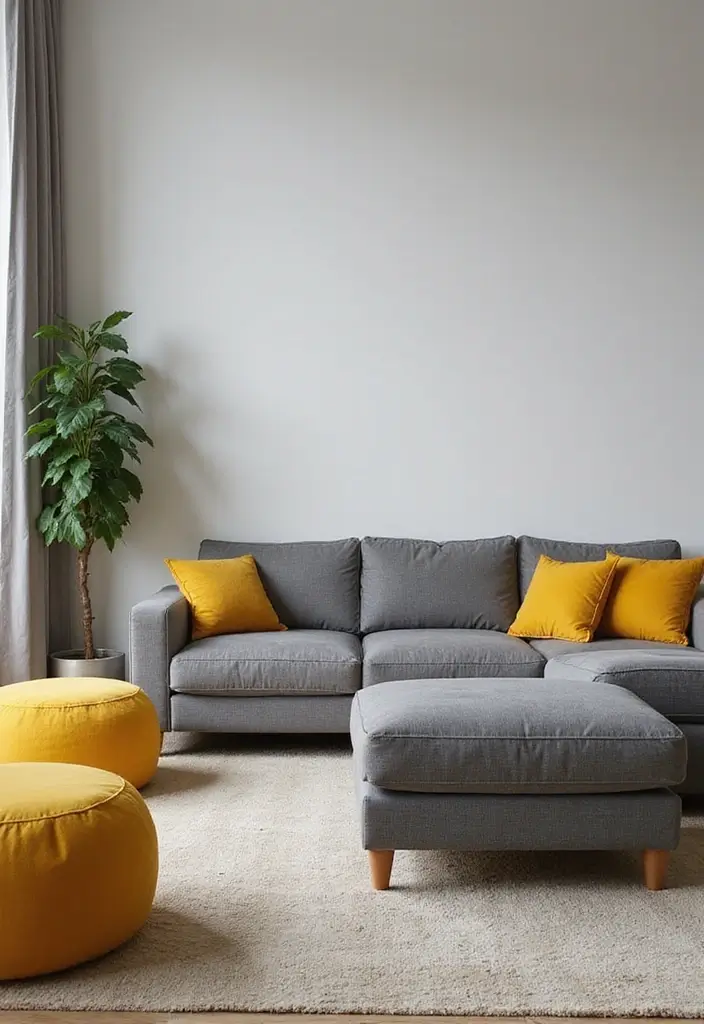 27 Grey and Yellow Living Room Ideas That Feel Fresh and Energetic - 10. Grey Sectional with Yellow Accents