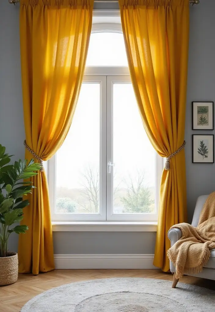 27 Grey and Yellow Living Room Ideas That Feel Fresh and Energetic - 11. Yellow Curtains Against Grey Walls