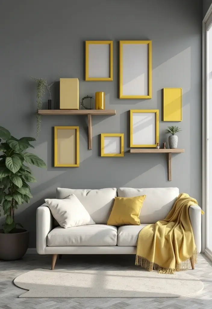 27 Grey and Yellow Living Room Ideas That Feel Fresh and Energetic - 12. Grey Accent Walls with Yellow Decor