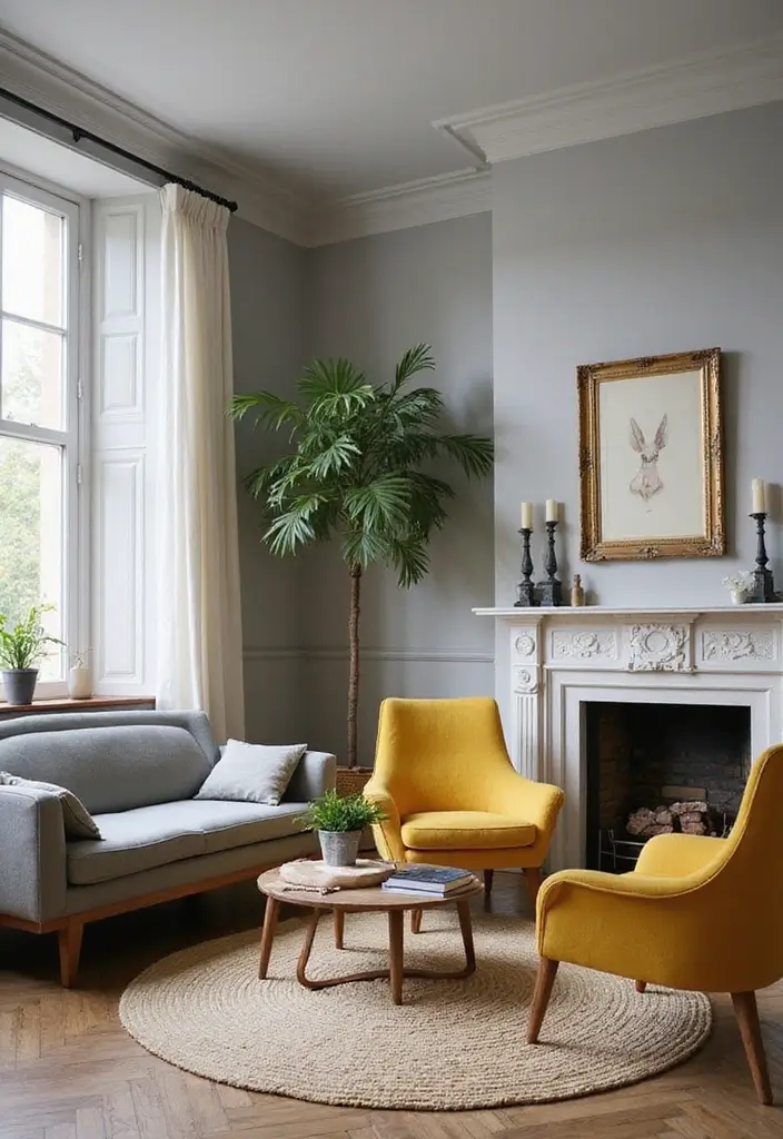 27 Grey and Yellow Living Room Ideas That Feel Fresh and Energetic - 13. Vintage Grey Furniture with Yellow Accents