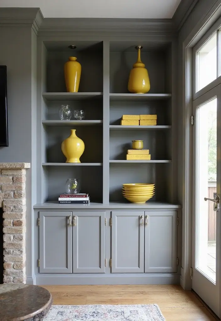 27 Grey and Yellow Living Room Ideas That Feel Fresh and Energetic - 14. Grey Built-Ins with Yellow Highlights