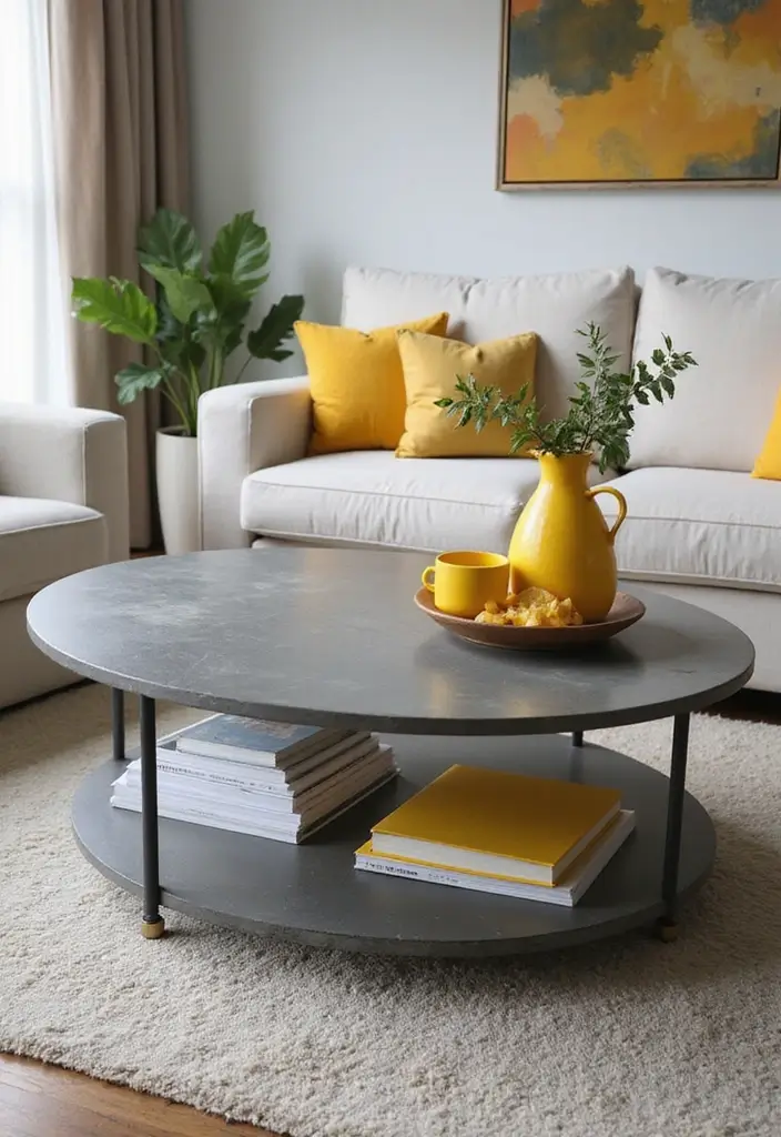 27 Grey and Yellow Living Room Ideas That Feel Fresh and Energetic - 16. Grey Table with Yellow Accessories