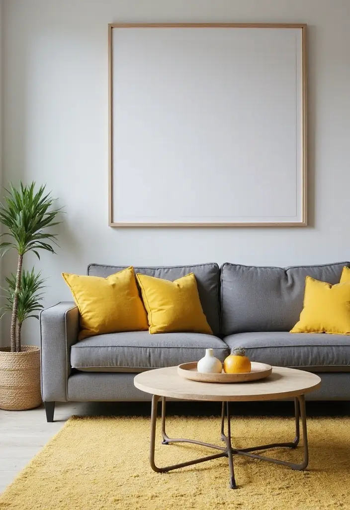 27 Grey and Yellow Living Room Ideas That Feel Fresh and Energetic - 17. Grey Furniture Accented with Yellow Accessories