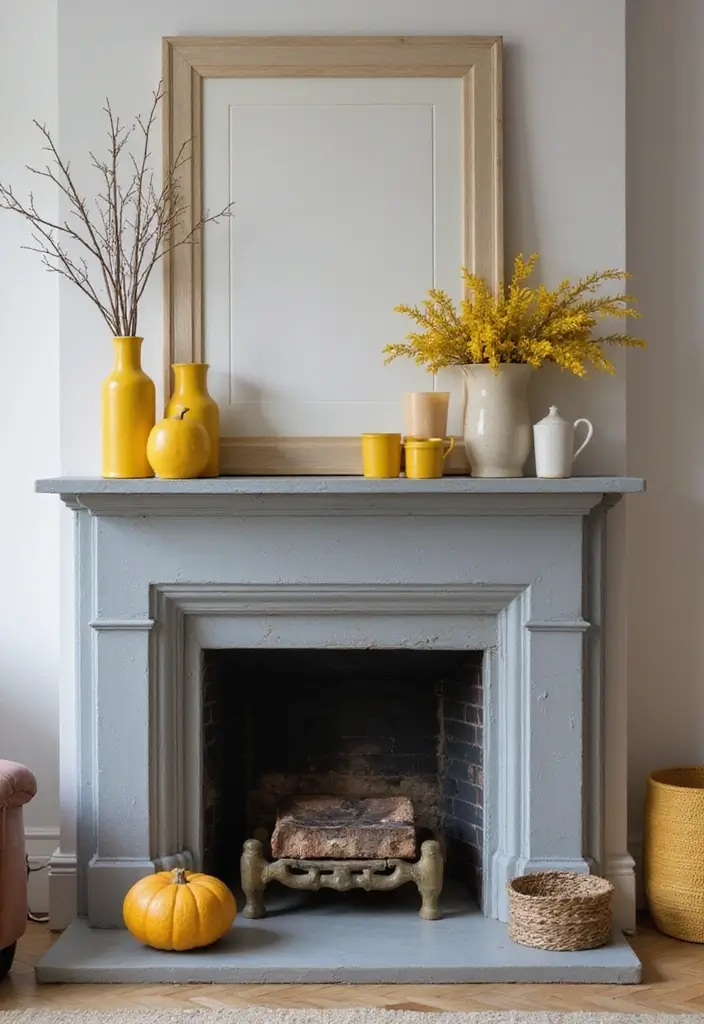 27 Grey and Yellow Living Room Ideas That Feel Fresh and Energetic - 19. Grey Mantel with Yellow Decor