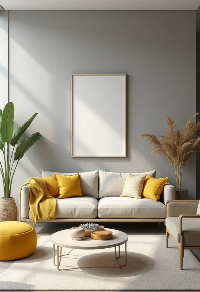 27 Grey and Yellow Living Room Ideas That Feel Fresh and Energetic - 2. Sunlit Walls in Soft Grey