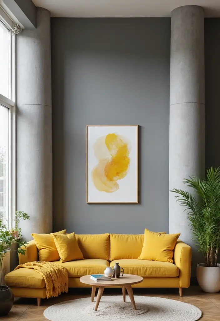 27 Grey and Yellow Living Room Ideas That Feel Fresh and Energetic - 20. Grey Pillars with Yellow Accents