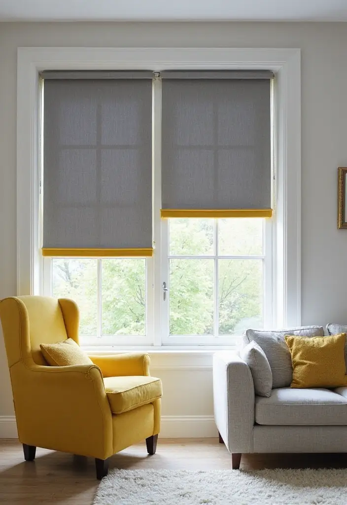 27 Grey and Yellow Living Room Ideas That Feel Fresh and Energetic - 21. Grey Blinds with Yellow Trimmings