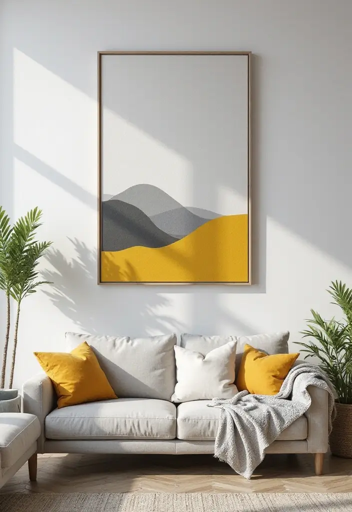 27 Grey and Yellow Living Room Ideas That Feel Fresh and Energetic - 24. Grey and Yellow DIY Wall Art