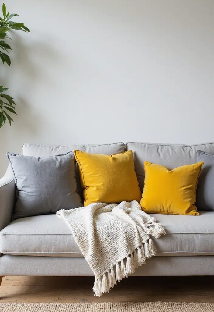 27 Grey and Yellow Living Room Ideas That Feel Fresh and Energetic - 25. Grey and Yellow Throw Pillows Mix