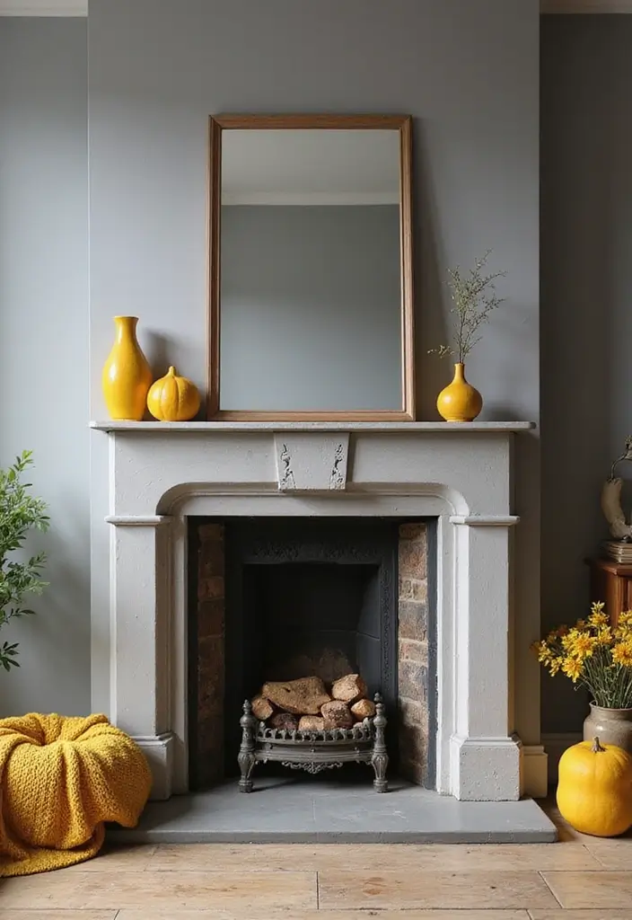 27 Grey and Yellow Living Room Ideas That Feel Fresh and Energetic - 26. Grey Fireplace with Yellow Accents