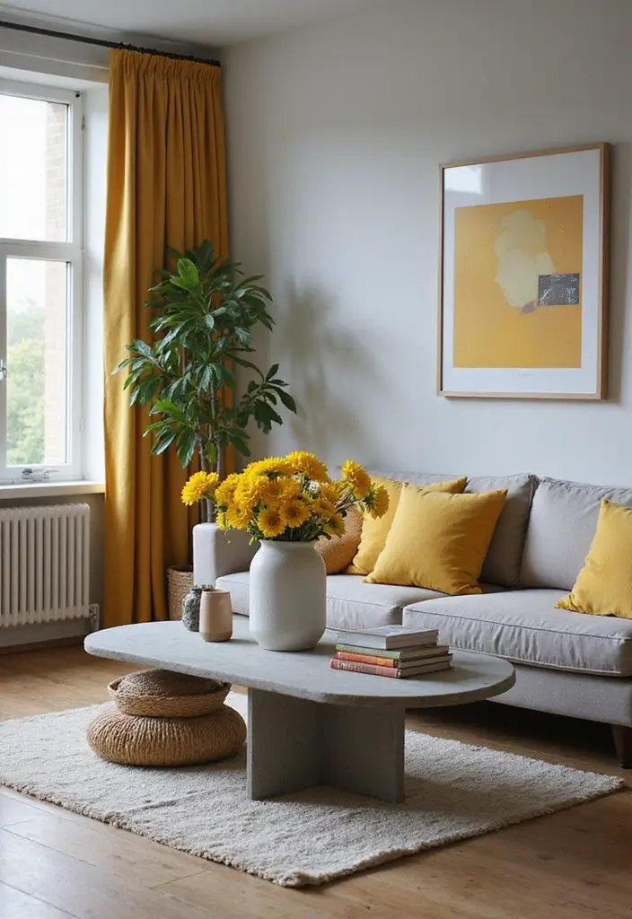 27 Grey and Yellow Living Room Ideas That Feel Fresh and Energetic - 27. Grey and Yellow Coffee Table Decor