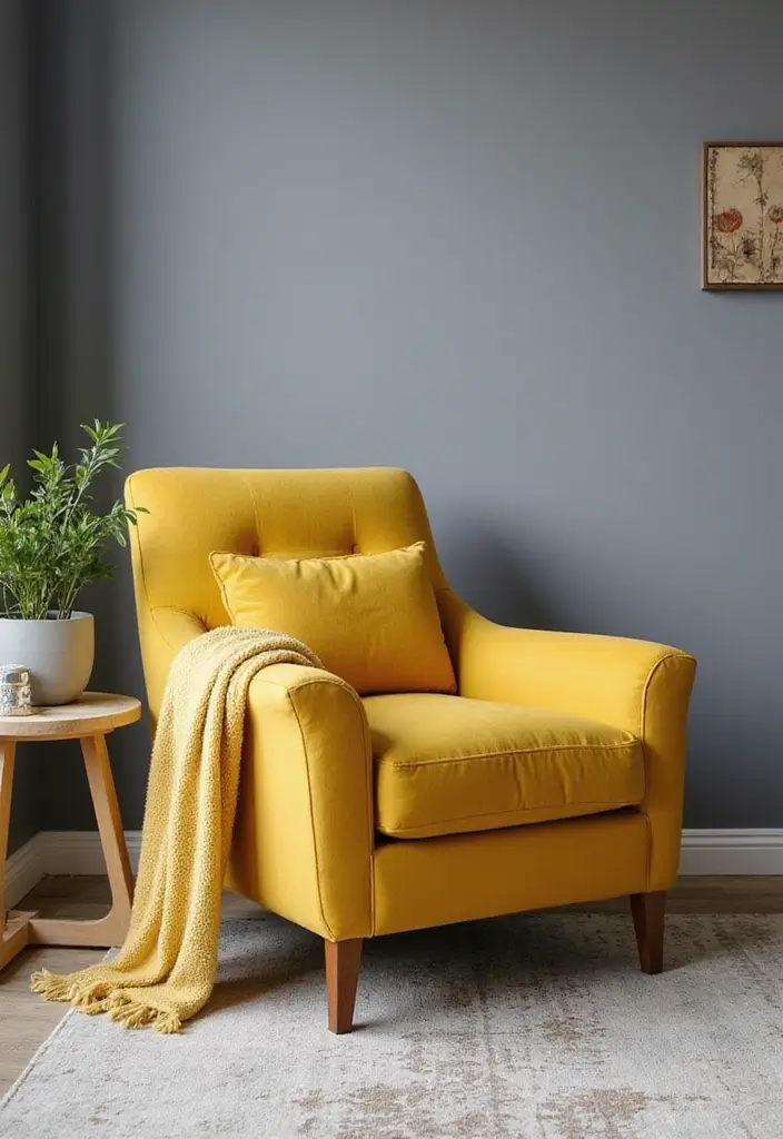27 Grey and Yellow Living Room Ideas That Feel Fresh and Energetic - 3. Yellow Accented Armchair