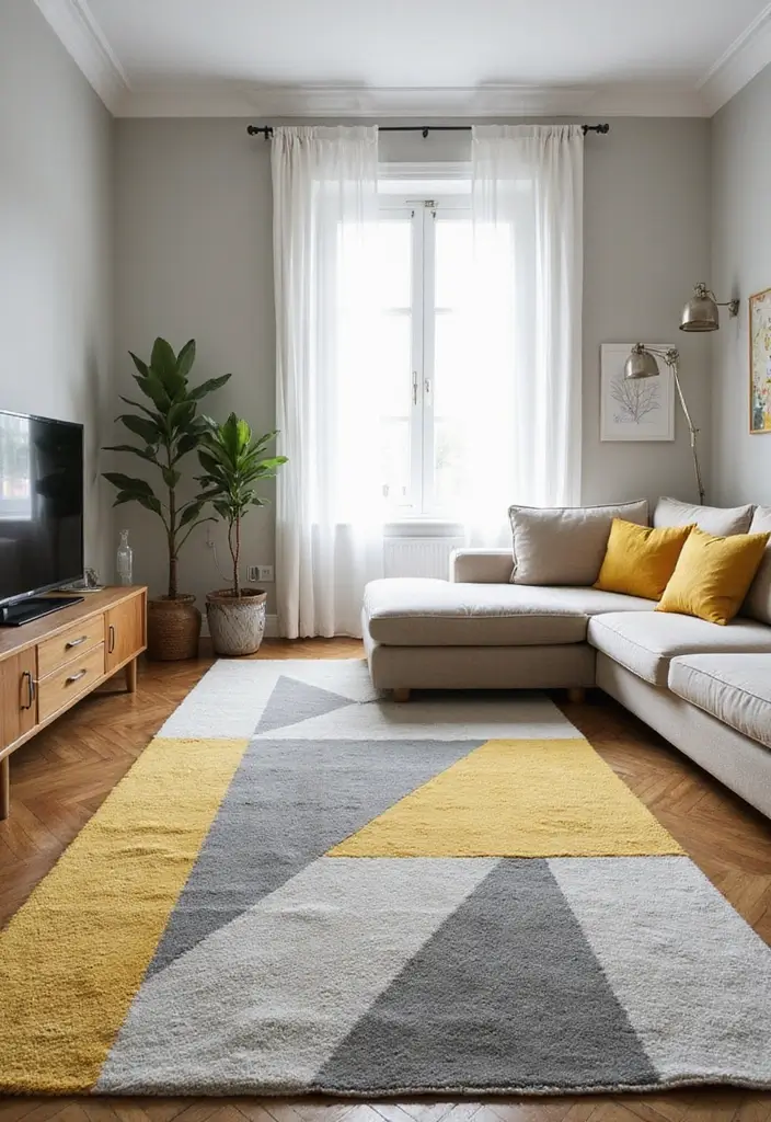 27 Grey and Yellow Living Room Ideas That Feel Fresh and Energetic - 4. Grey and Yellow Geometric Rugs