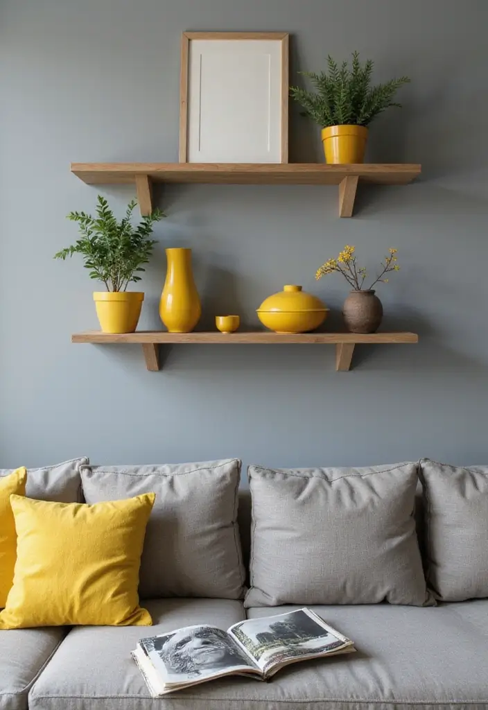 27 Grey and Yellow Living Room Ideas That Feel Fresh and Energetic - 5. Grey Wall Shelves with Yellow Decor