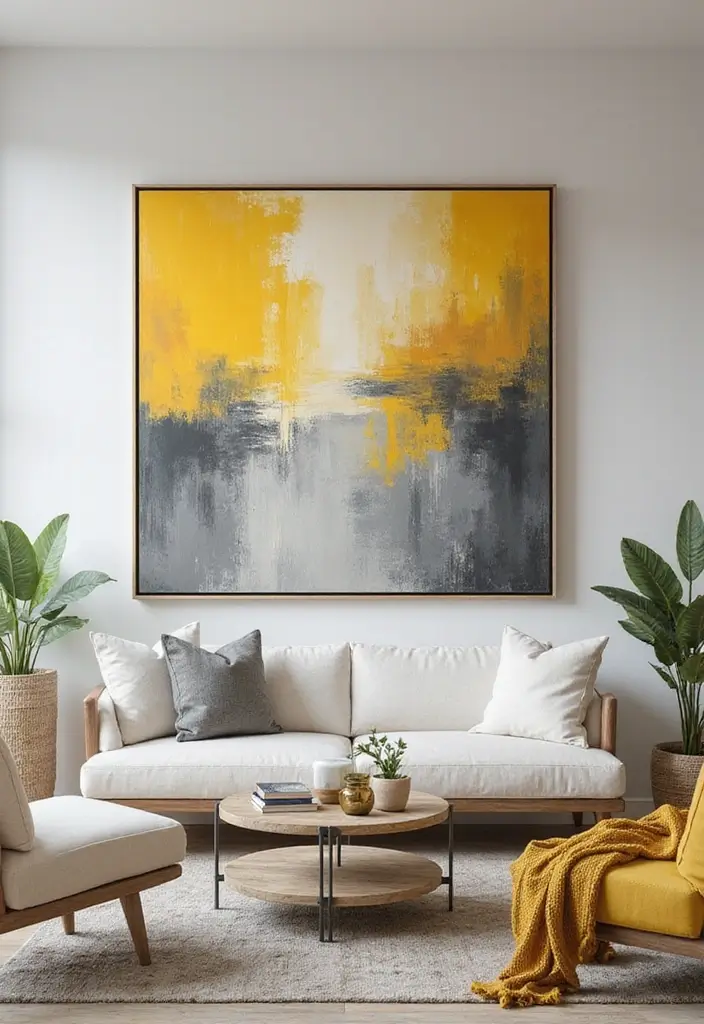 27 Grey and Yellow Living Room Ideas That Feel Fresh and Energetic - 7. Yellow Artwork on Grey Canvas