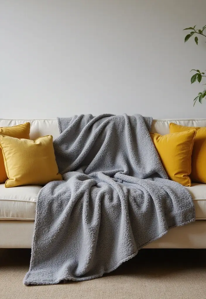 27 Grey and Yellow Living Room Ideas That Feel Fresh and Energetic - 8. Cozy Grey Throws with Yellow Accents