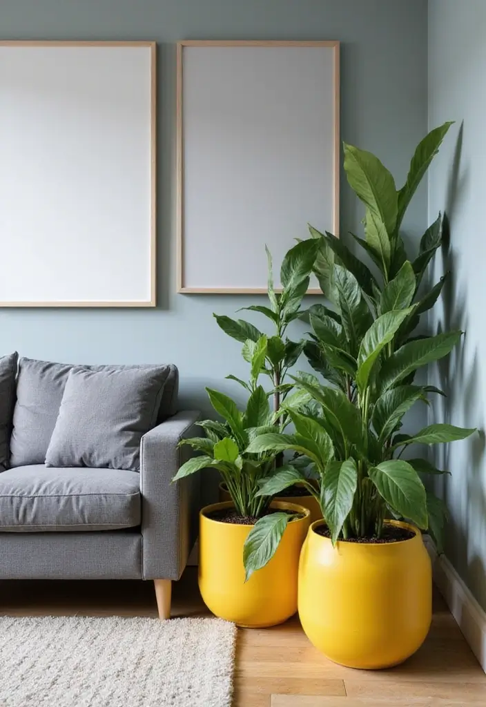 27 Grey and Yellow Living Room Ideas That Feel Fresh and Energetic - 9. Indoor Plants with Yellow Accessories