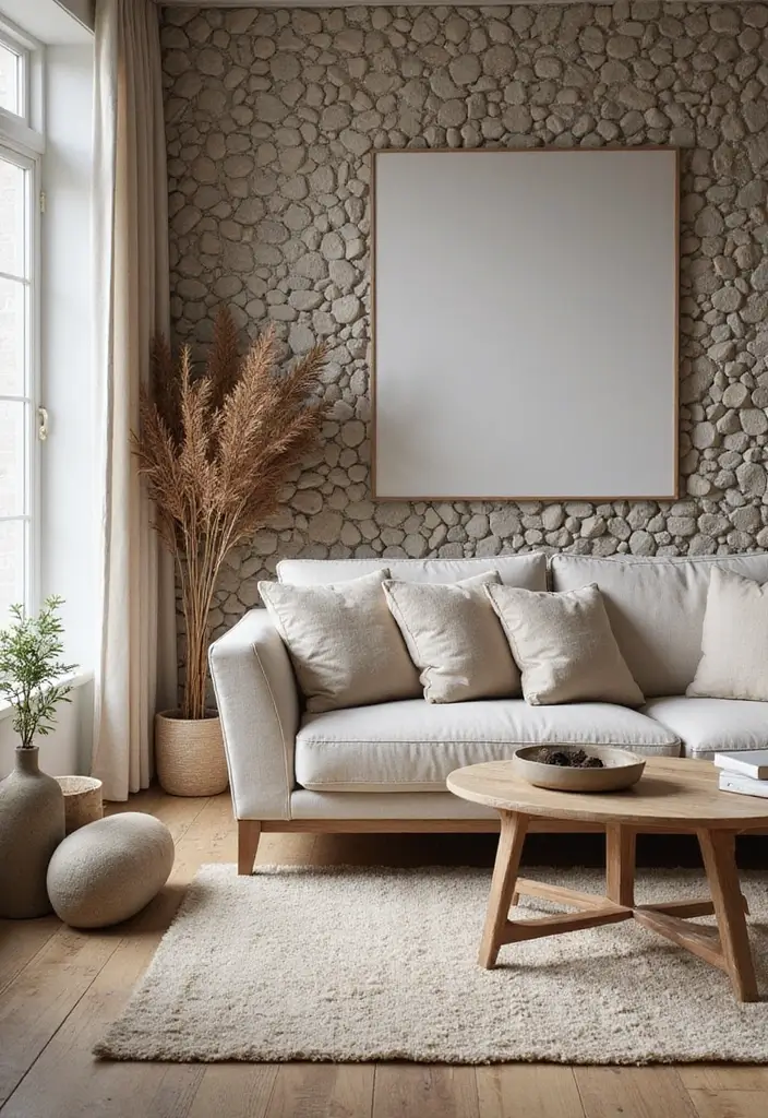 27 Living Room Accent Wall Ideas That Instantly Elevate the Space 13 27 Living Room Accent Wall Ideas That Instantly Elevate the Space - 13. Pebble Wall Accents