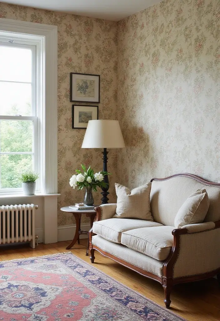 27 Living Room Accent Wall Ideas That Instantly Elevate the Space 14 27 Living Room Accent Wall Ideas That Instantly Elevate the Space - 14. Vintage Wallpaper