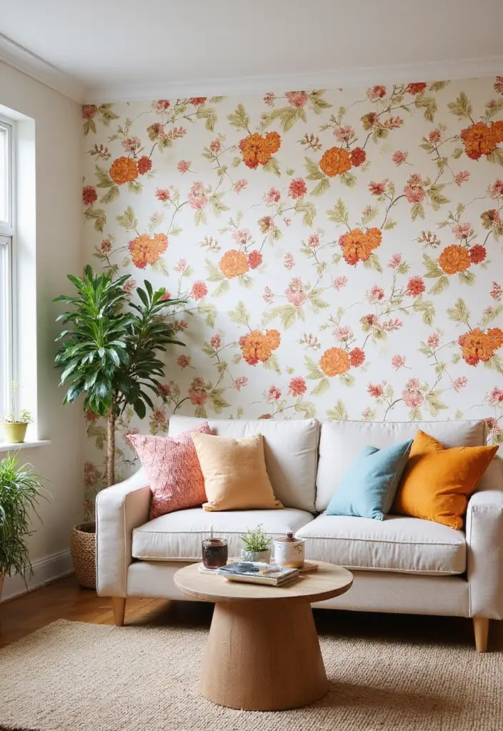 27 Living Room Accent Wall Ideas That Instantly Elevate the Space 26 27 Living Room Accent Wall Ideas That Instantly Elevate the Space - 26. Seasonal Removable Wallpaper