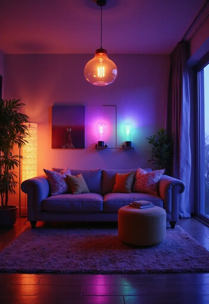 27 Living Room Lighting Ideas That Brighten and Elevate Interiors - 15. Color-Changing LED Bulbs