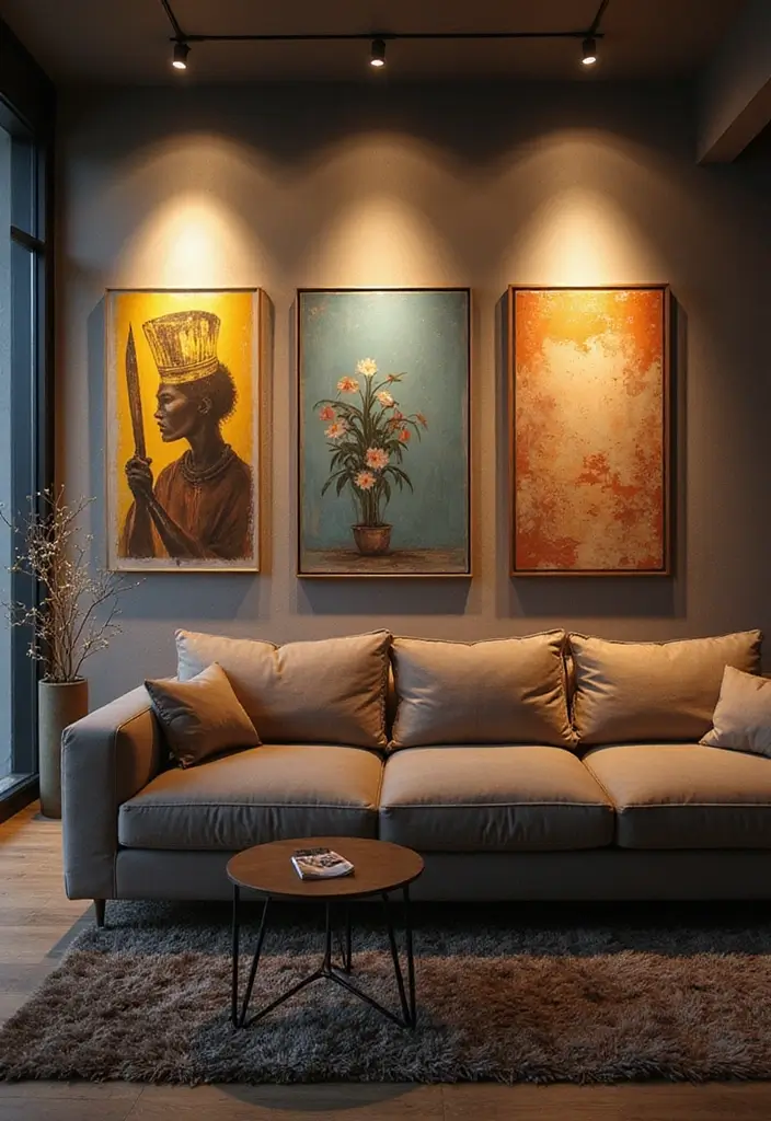 27 Living Room Lighting Ideas That Brighten and Elevate Interiors - 22. Creative Wall Art Lighting