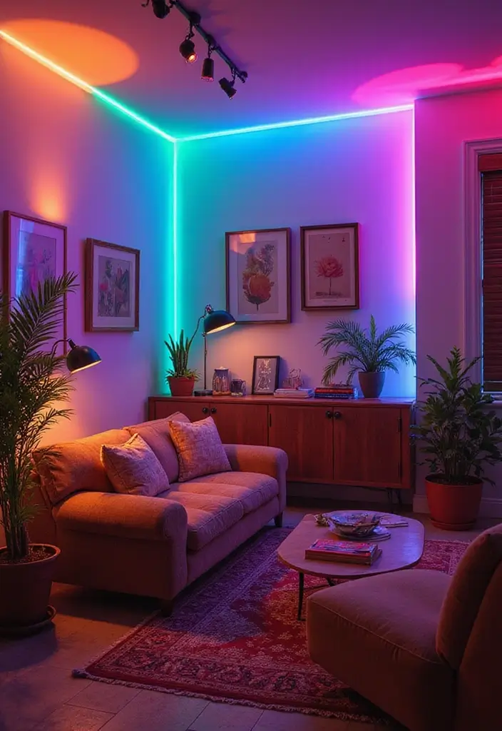 27 Living Room Lighting Ideas That Brighten and Elevate Interiors - 24. Colorful Accent Lighting