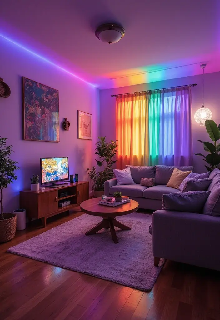 27 Living Room Lighting Ideas That Brighten and Elevate Interiors - 26. Ambient Rainbow Lighting